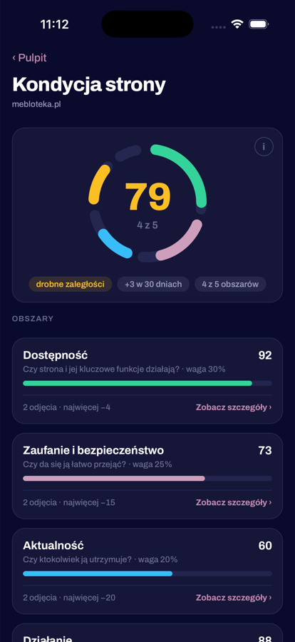 Ekran kondycji: ocena 0–100 rozbita na obszary